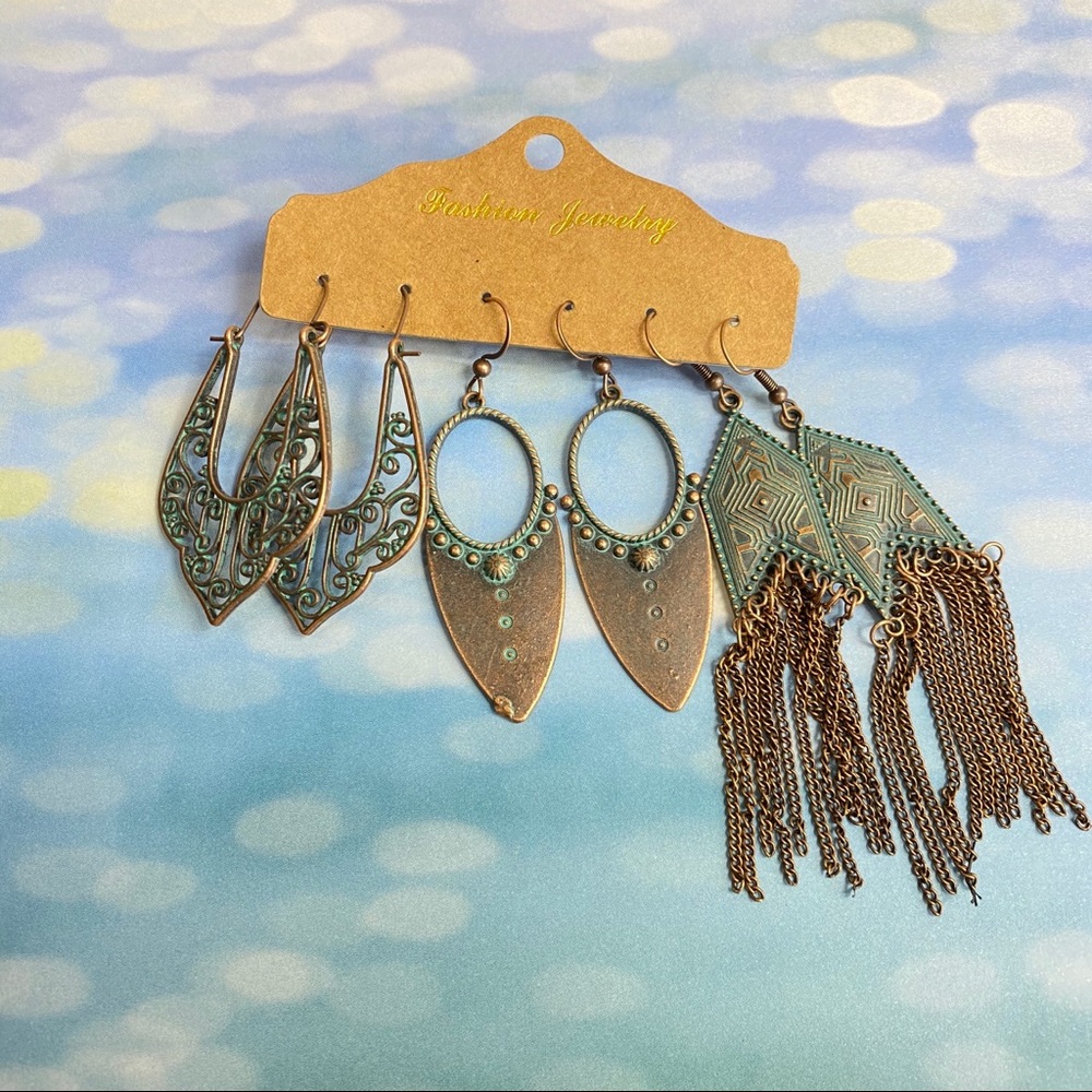 Boho aztec style bronze patina earrings 3 pair